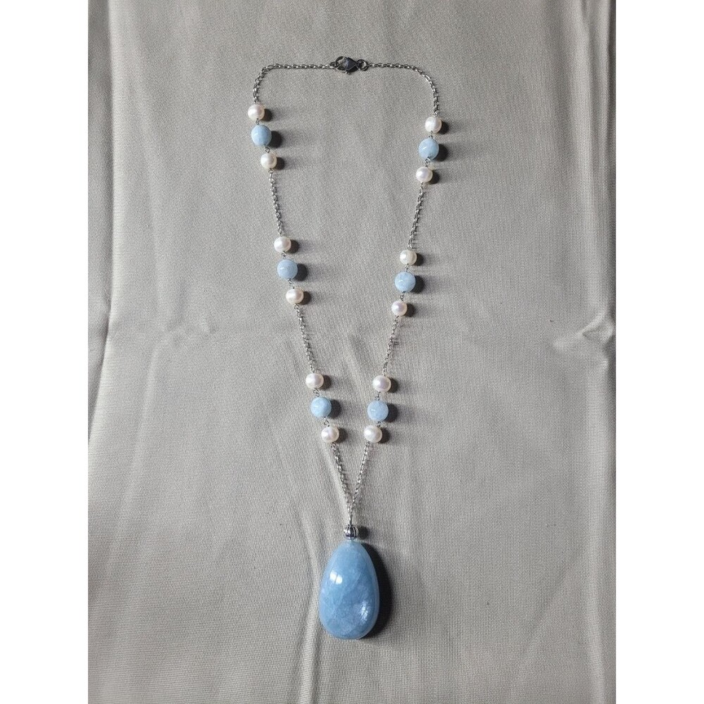 925 Sterling Silver Necklace With Aqua Marine Beads And Pearls 18"